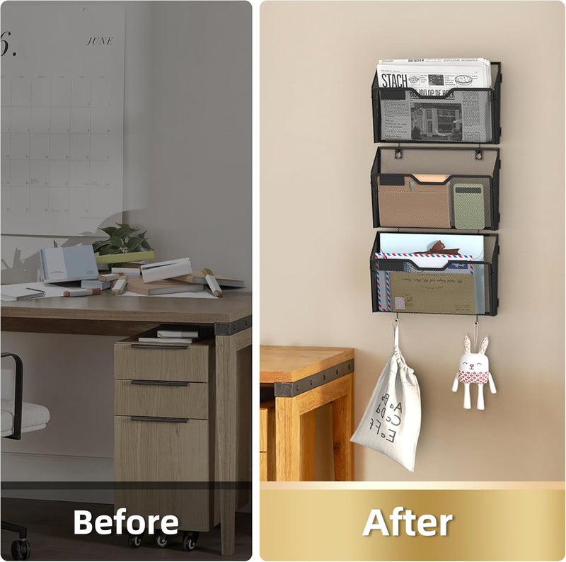 Docnest 3 Pack Hanging Wall File Holders, Mesh Wall Letter File Holder, Wall Mounted Mail Paper Document Folder Holder with Hooks for Office, Home, School, Black - Image 3